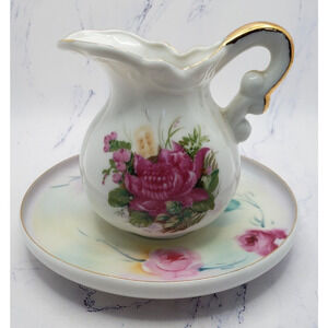 Vintage Lefton China Painted Floral Pink Rose Pitcher and Saucer